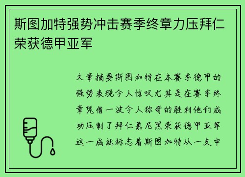 斯图加特强势冲击赛季终章力压拜仁荣获德甲亚军 斯图加特强势冲击赛季终章力压拜仁荣获德甲亚军