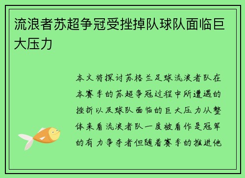 流浪者苏超争冠受挫掉队球队面临巨大压力 流浪者苏超争冠受挫掉队球队面临巨大压力